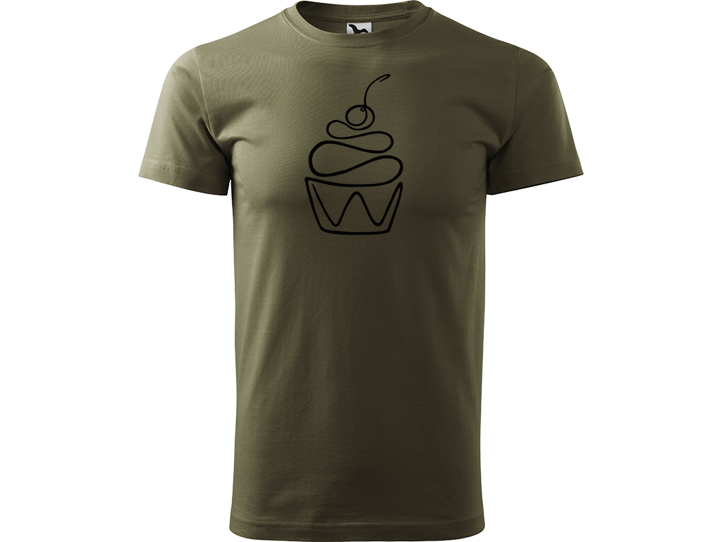 Ručně malované pánské bavlněné tričko - Jednotahový Dortík Barva trička: ARMY, Velikost trička: XL, Barva motivu: ČERNÁ