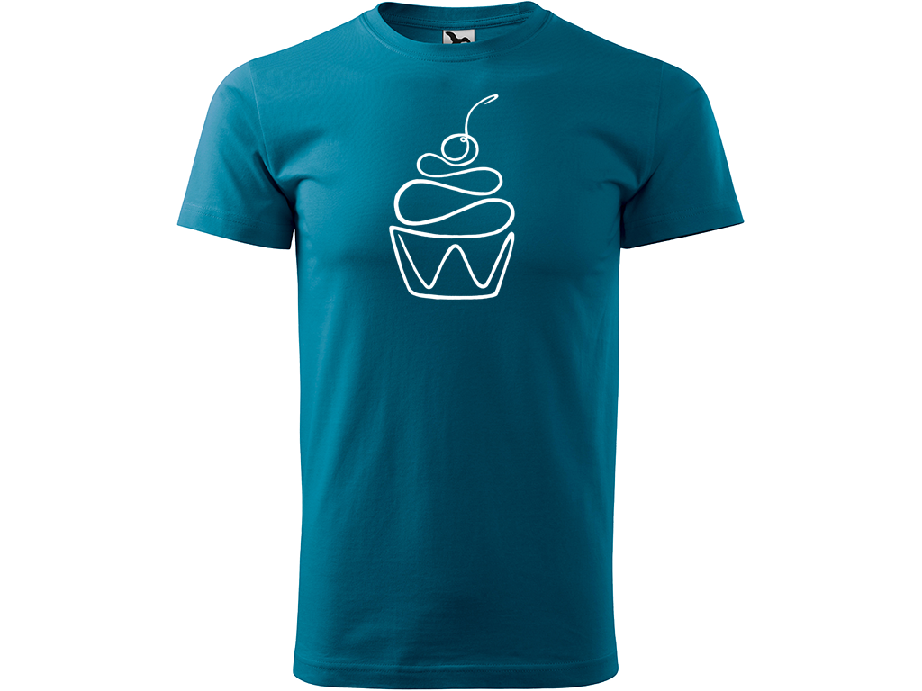 Ručně malované pánské bavlněné tričko - Jednotahový Dortík Barva trička: PETROLEJOVÁ, Velikost trička: XS, Barva motivu: BÍLÁ
