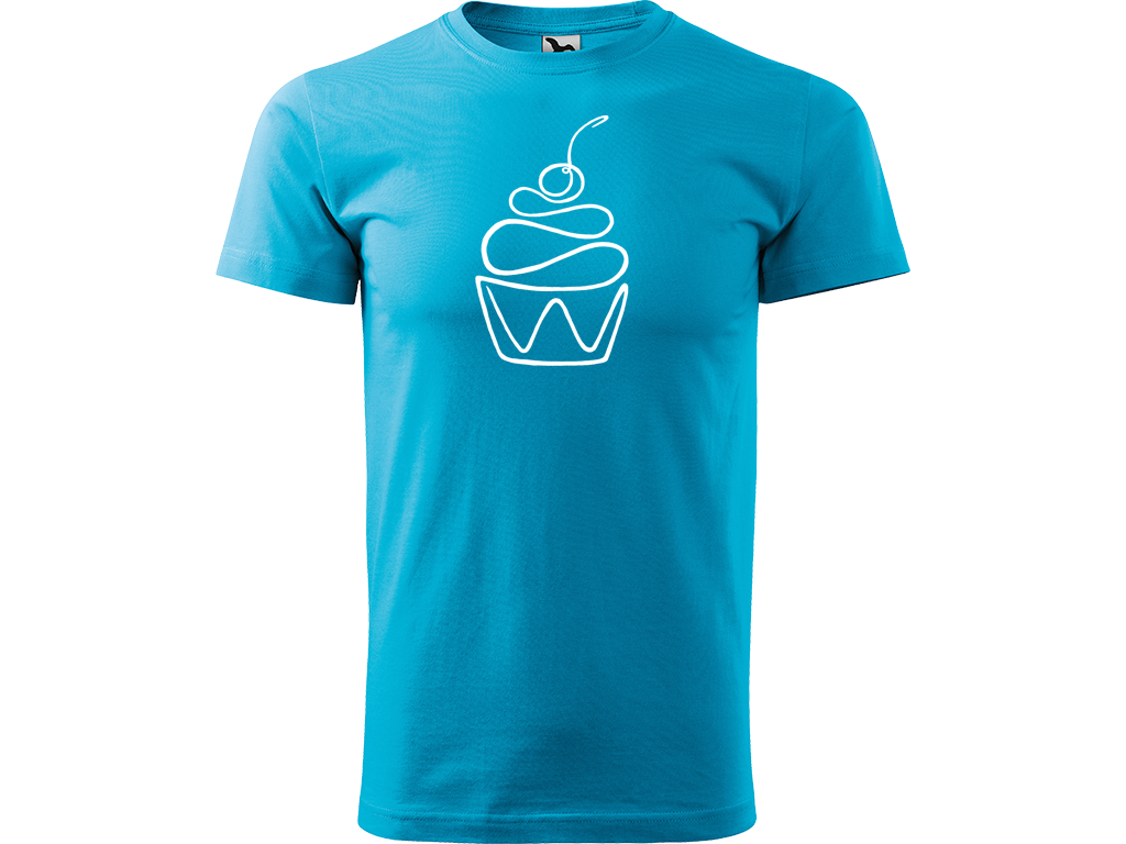 Ručně malované pánské bavlněné tričko - Jednotahový Dortík Barva trička: TYRKYSOVÁ, Velikost trička: XS, Barva motivu: BÍLÁ