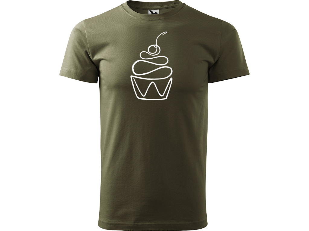 Ručně malované pánské bavlněné tričko - Jednotahový Dortík Barva trička: ARMY, Velikost trička: L, Barva motivu: BÍLÁ