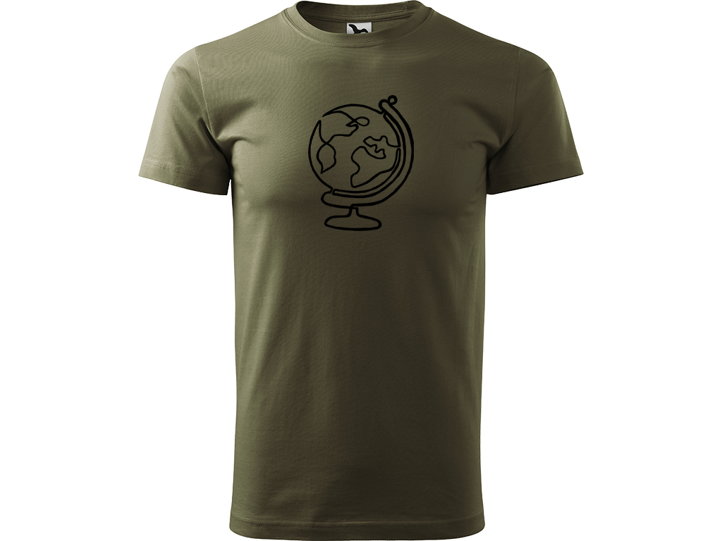 Ručně malované pánské bavlněné tričko - Jednotahový Globus Barva trička: ARMY, Velikost trička: XS, Barva motivu: ČERNÁ
