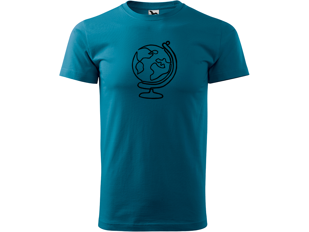 Ručně malované pánské bavlněné tričko - Jednotahový Globus Barva trička: PETROLEJOVÁ, Velikost trička: L, Barva motivu: ČERNÁ