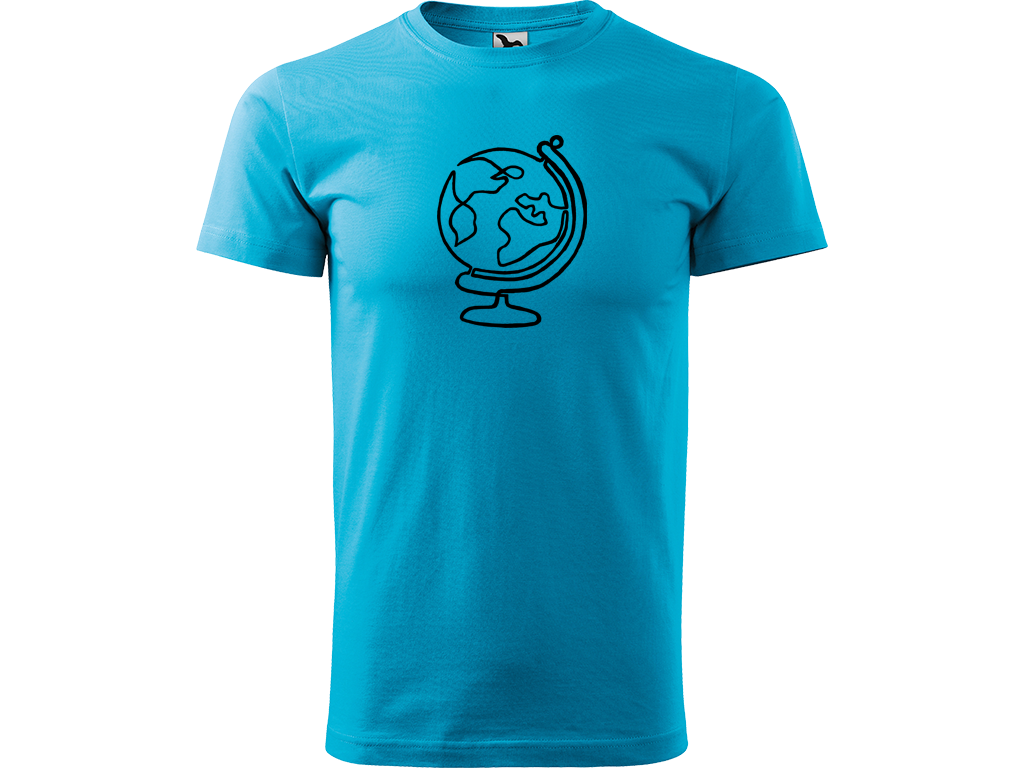 Ručně malované pánské bavlněné tričko - Jednotahový Globus Barva trička: TYRKYSOVÁ, Velikost trička: M, Barva motivu: ČERNÁ