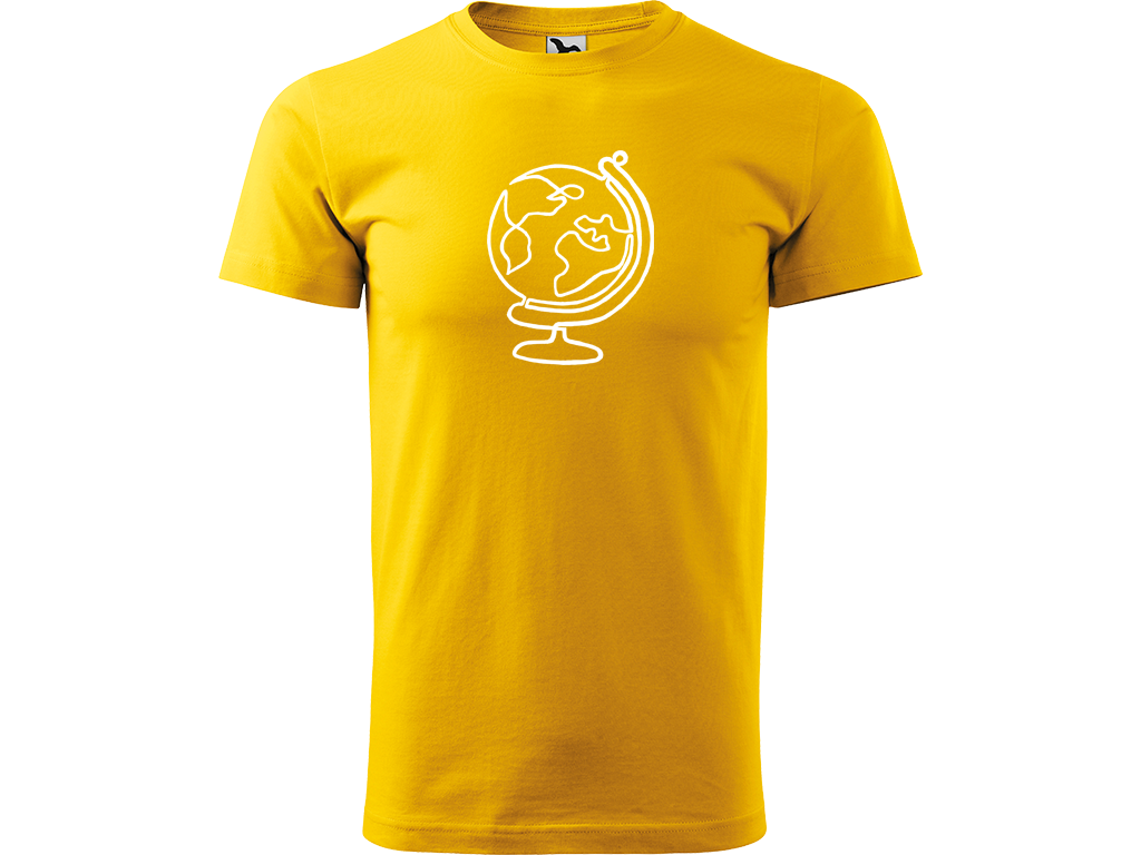 Ručně malované pánské bavlněné tričko - Jednotahový Globus Barva trička: ŽLUTÁ, Velikost trička: XL, Barva motivu: BÍLÁ