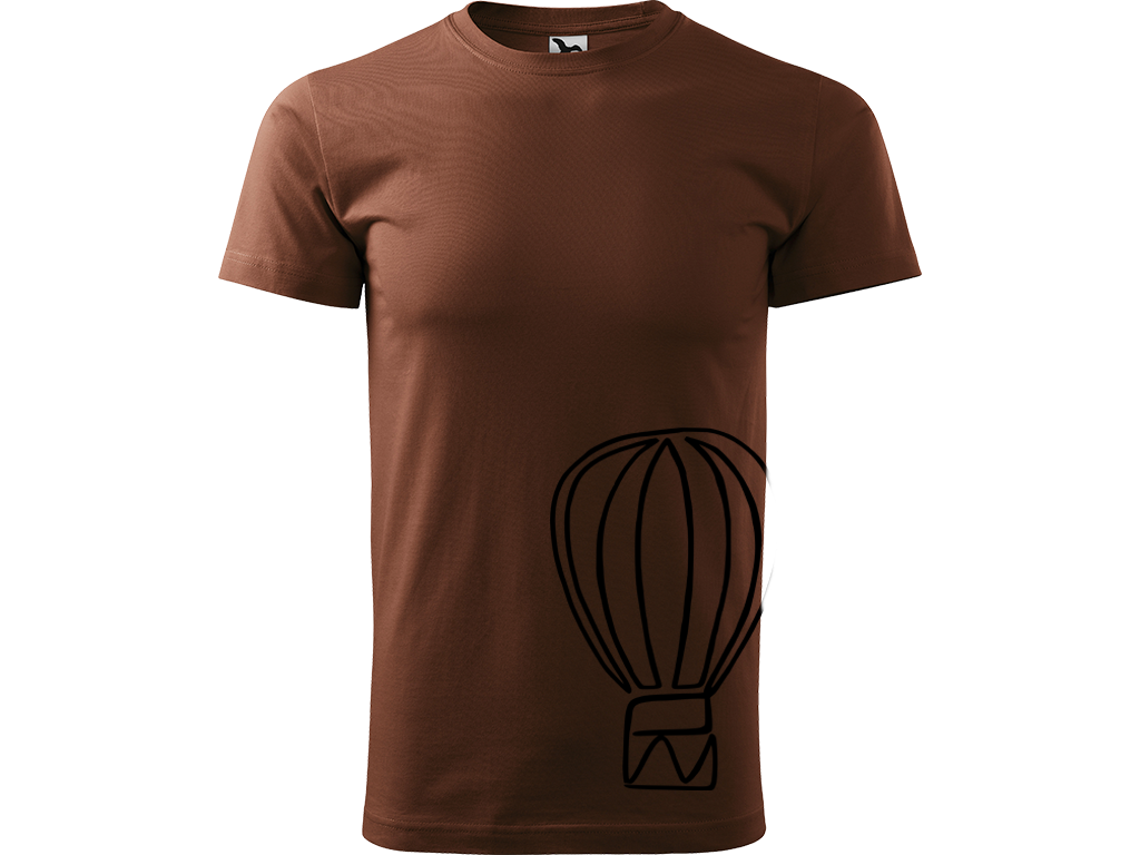 Ručně malované pánské bavlněné tričko - Jednotahový Horkovzdušný balon Barva trička: ČOKOLÁDOVÁ, Velikost trička: XS, Barva motivu: ČERNÁ