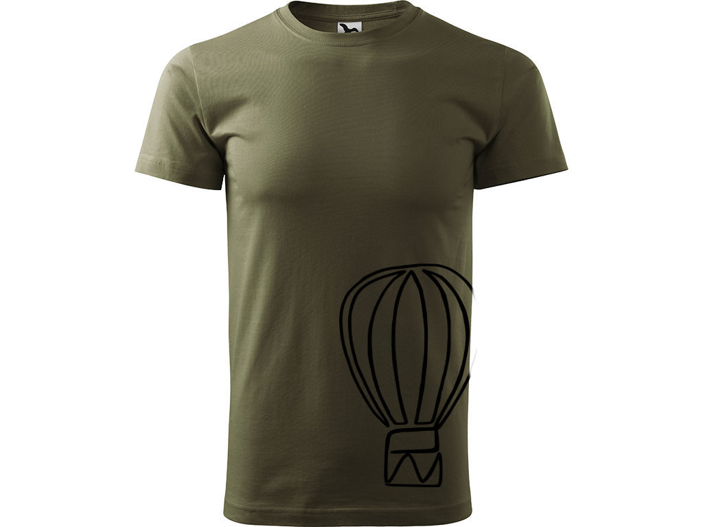 Ručně malované pánské bavlněné tričko - Jednotahový Horkovzdušný balon Barva trička: ARMY, Velikost trička: M, Barva motivu: ČERNÁ