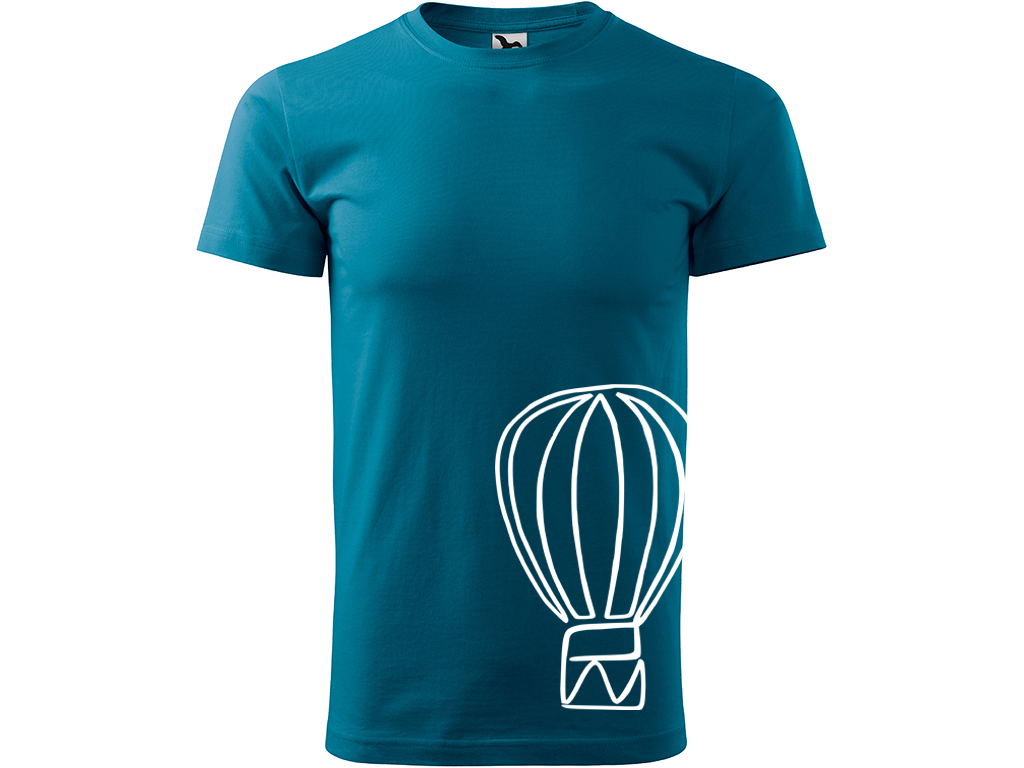 Ručně malované pánské bavlněné tričko - Jednotahový Horkovzdušný balon Barva trička: PETROLEJOVÁ, Velikost trička: XL, Barva motivu: BÍLÁ