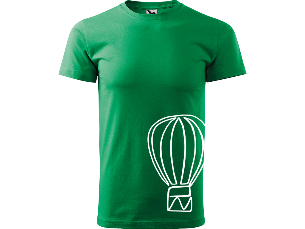 Ručně malované pánské bavlněné tričko - Jednotahový Horkovzdušný balon Barva trička: STŘEDNĚ ZELENÁ, Velikost trička: XL, Barva motivu: BÍLÁ