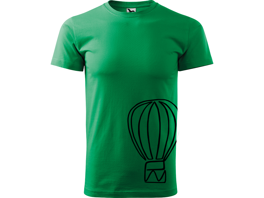 Ručně malované pánské bavlněné tričko - Jednotahový Horkovzdušný balon Barva trička: STŘEDNĚ ZELENÁ, Velikost trička: XS, Barva motivu: ČERNÁ