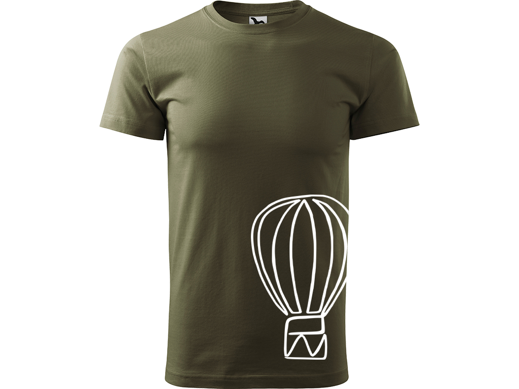 Ručně malované pánské bavlněné tričko - Jednotahový Horkovzdušný balon Barva trička: ARMY, Velikost trička: M, Barva motivu: BÍLÁ