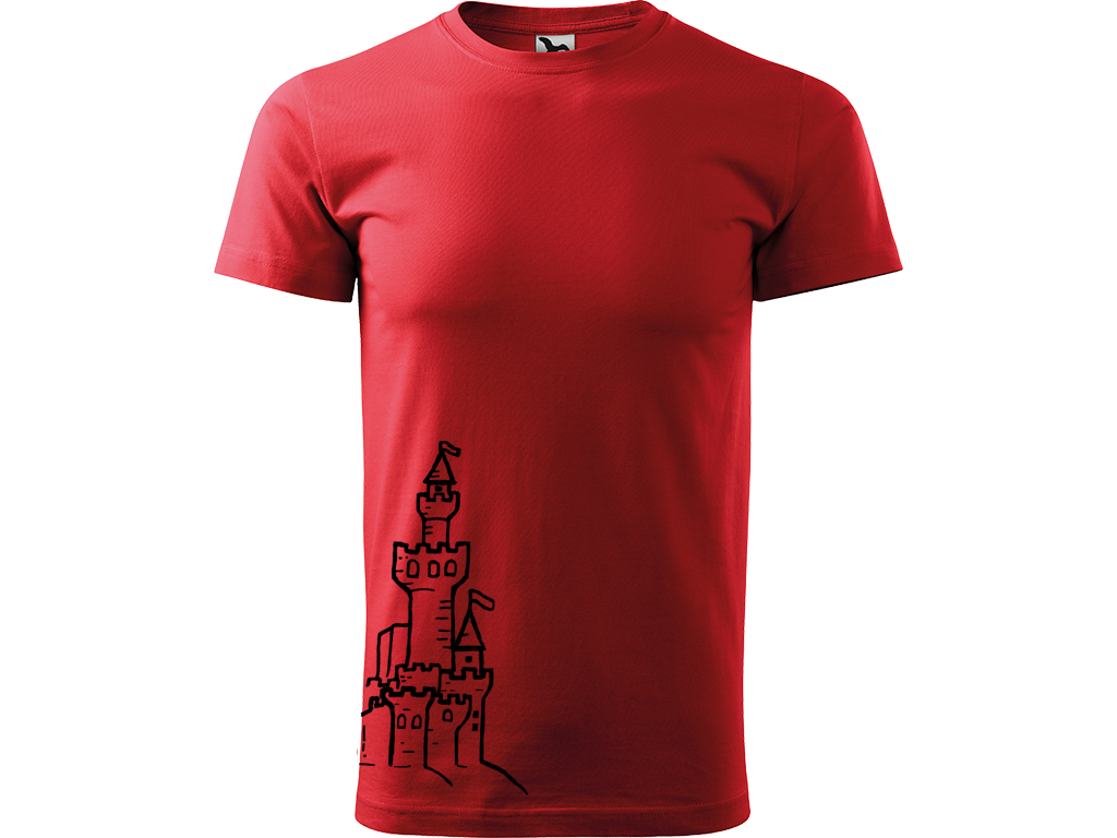Ručně malované pánské bavlněné tričko - Hrad z písku Barva trička: ČERVENÁ, Velikost trička: XS, Barva motivu: ČERNÁ
