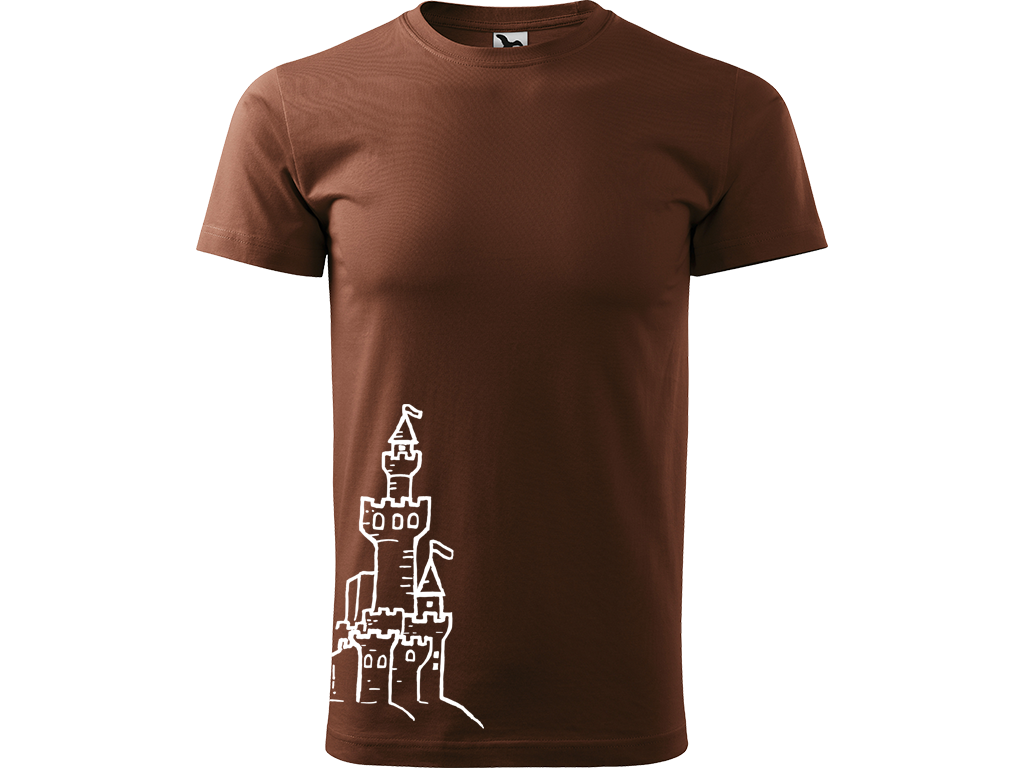 Ručně malované pánské bavlněné tričko - Hrad z písku Barva trička: ČOKOLÁDOVÁ, Velikost trička: L, Barva motivu: BÍLÁ