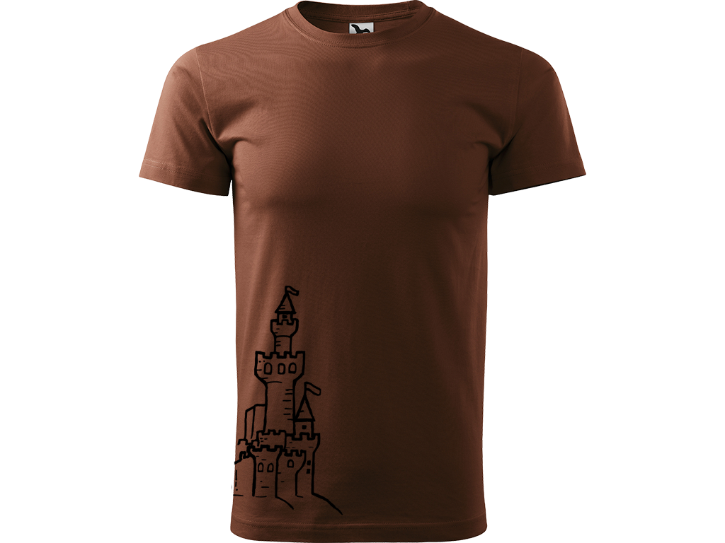 Ručně malované pánské bavlněné tričko - Hrad z písku Barva trička: ČOKOLÁDOVÁ, Velikost trička: M, Barva motivu: ČERNÁ