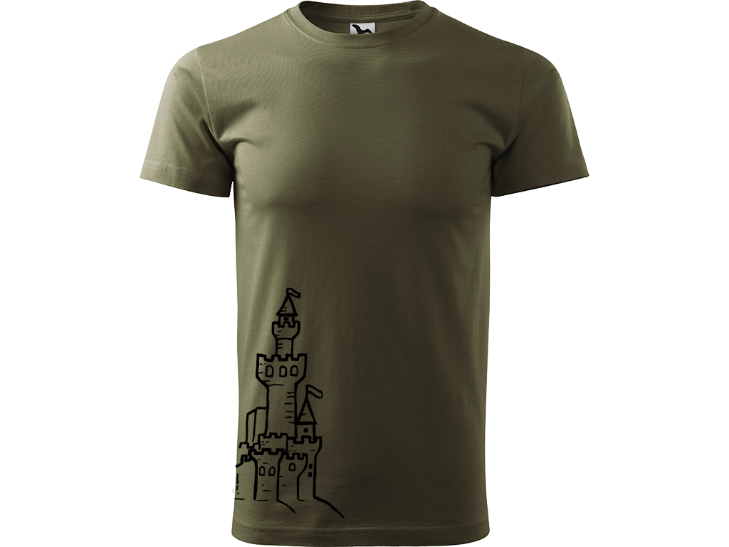 Ručně malované pánské bavlněné tričko - Hrad z písku Barva trička: ARMY, Velikost trička: L, Barva motivu: ČERNÁ