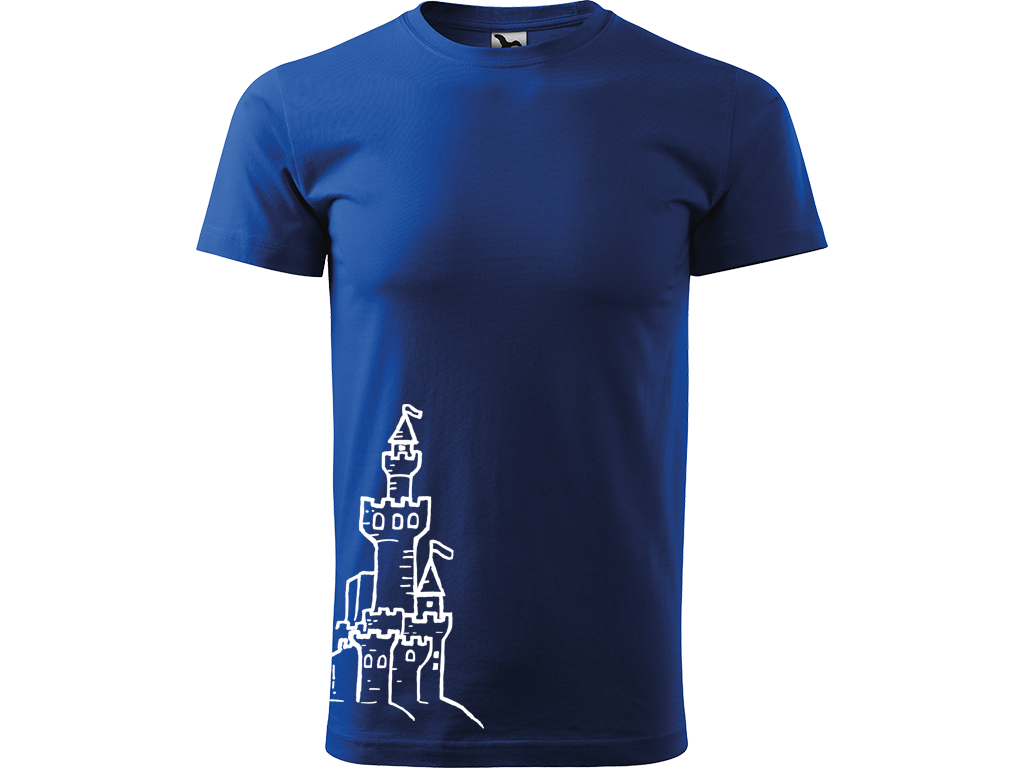 Ručně malované pánské bavlněné tričko - Hrad z písku Barva trička: MODRÁ, Velikost trička: S, Barva motivu: BÍLÁ