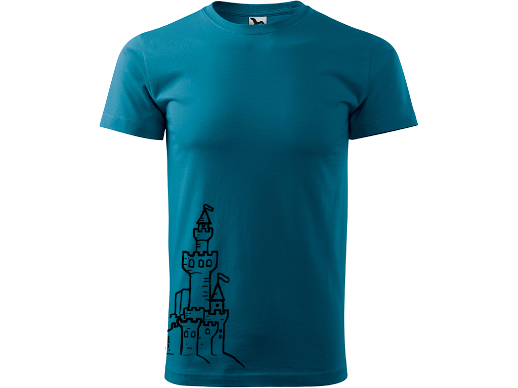 Ručně malované pánské bavlněné tričko - Hrad z písku Barva trička: PETROLEJOVÁ, Velikost trička: M, Barva motivu: ČERNÁ