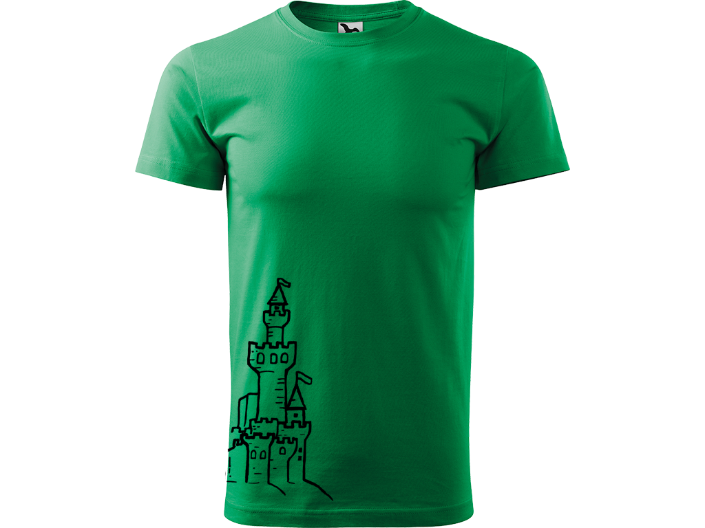 Ručně malované pánské bavlněné tričko - Hrad z písku Barva trička: STŘEDNĚ ZELENÁ, Velikost trička: L, Barva motivu: ČERNÁ