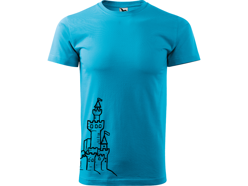 Ručně malované pánské bavlněné tričko - Hrad z písku Barva trička: TYRKYSOVÁ, Velikost trička: S, Barva motivu: ČERNÁ