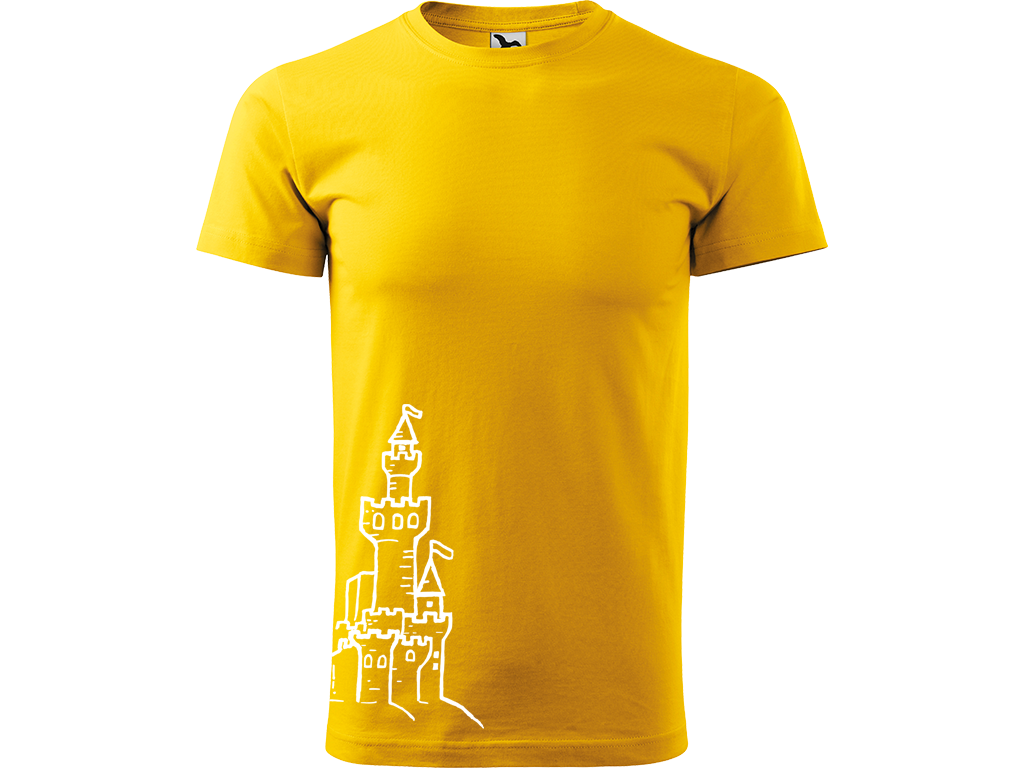 Ručně malované pánské bavlněné tričko - Hrad z písku Barva trička: ŽLUTÁ, Velikost trička: L, Barva motivu: BÍLÁ