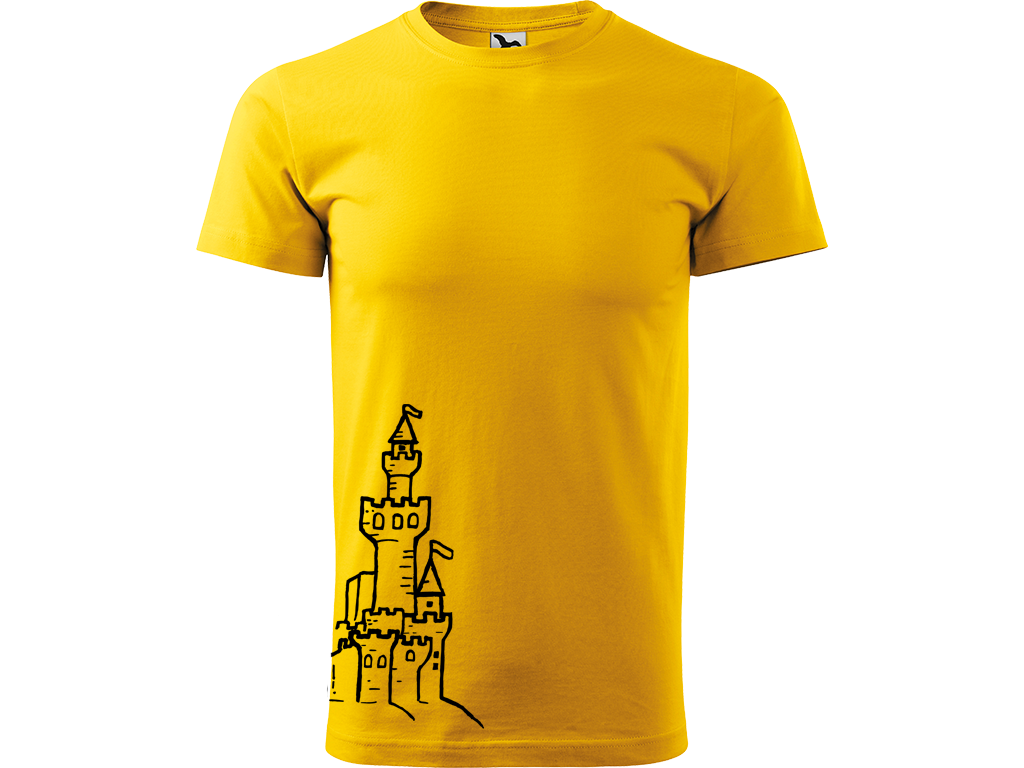 Ručně malované pánské bavlněné tričko - Hrad z písku Barva trička: ŽLUTÁ, Velikost trička: L, Barva motivu: ČERNÁ