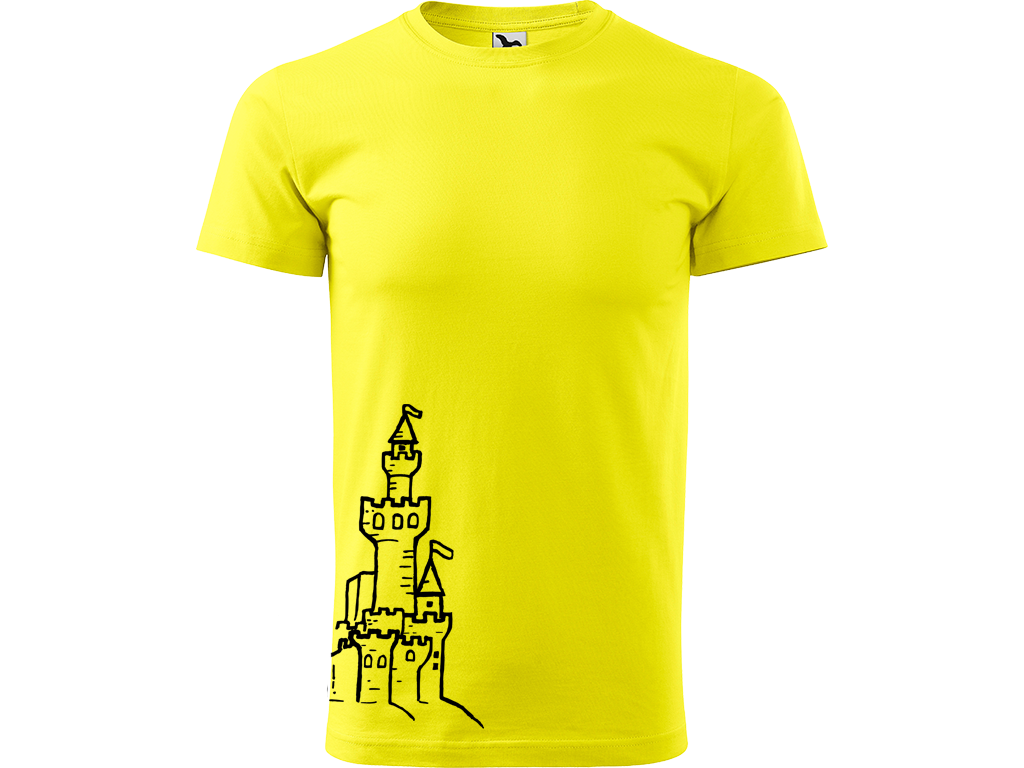 Ručně malované pánské bavlněné tričko - Hrad z písku Barva trička: CITRONOVÁ, Velikost trička: XL, Barva motivu: ČERNÁ