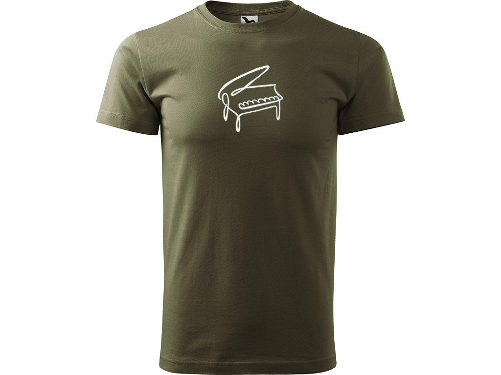 Ručně malované pánské bavlněné tričko - Jednotahový Klavír Barva trička: ARMY, Velikost trička: L, Barva motivu: BÍLÁ