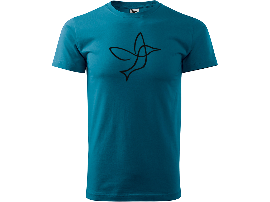 Ručně malované pánské bavlněné tričko - Jednotahový Kolibřík Barva trička: PETROLEJOVÁ, Velikost trička: L, Barva motivu: ČERNÁ