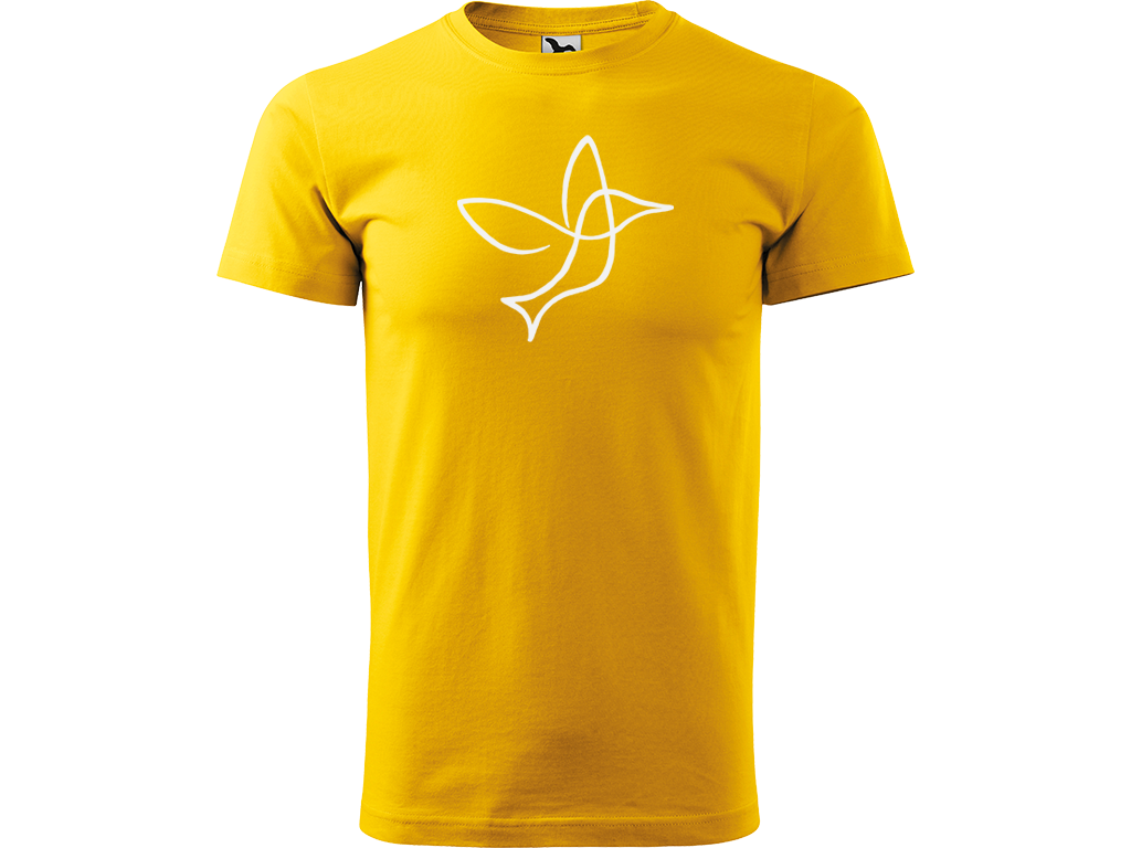 Ručně malované pánské bavlněné tričko - Jednotahový Kolibřík Barva trička: ŽLUTÁ, Velikost trička: XL, Barva motivu: BÍLÁ