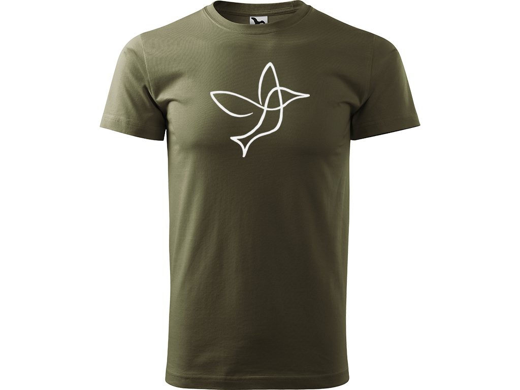 Ručně malované pánské bavlněné tričko - Jednotahový Kolibřík Barva trička: ARMY, Velikost trička: L, Barva motivu: BÍLÁ