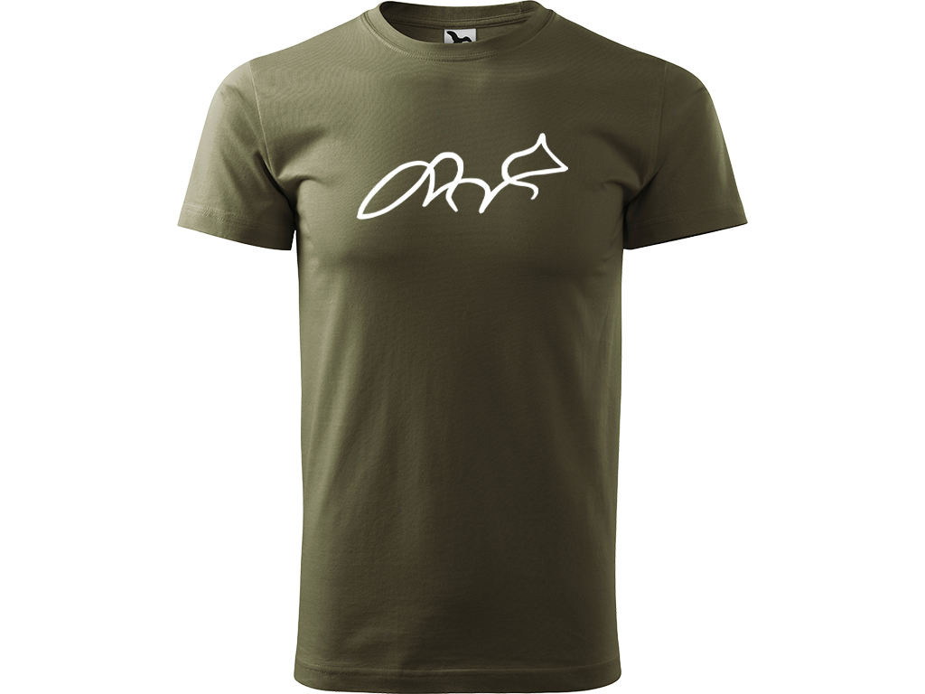 Ručně malované pánské bavlněné tričko - Jednotahová Liška Barva trička: ARMY, Velikost trička: XS, Barva motivu: BÍLÁ