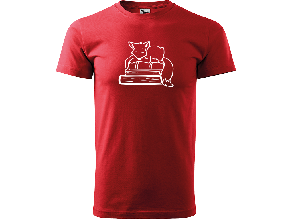 Ručně malované pánské bavlněné tričko - Liška na Knihách Barva trička: ČERVENÁ, Velikost trička: L, Barva motivu: BÍLÁ