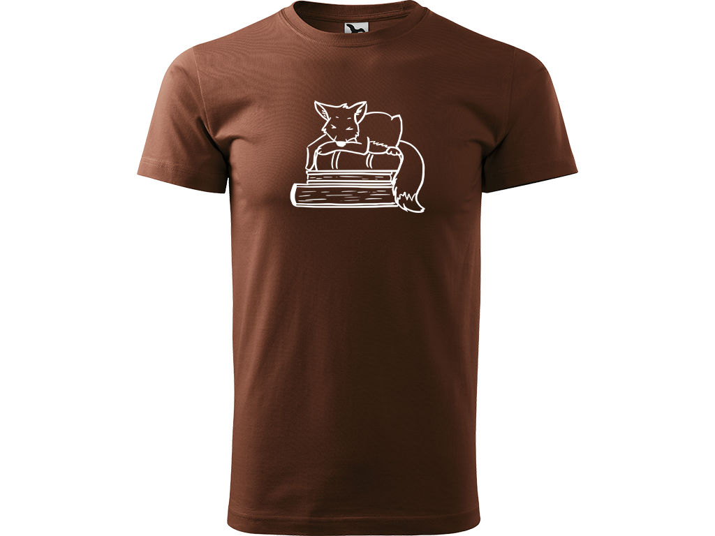 Ručně malované pánské bavlněné tričko - Liška na Knihách Barva trička: ČOKOLÁDOVÁ, Velikost trička: M, Barva motivu: BÍLÁ