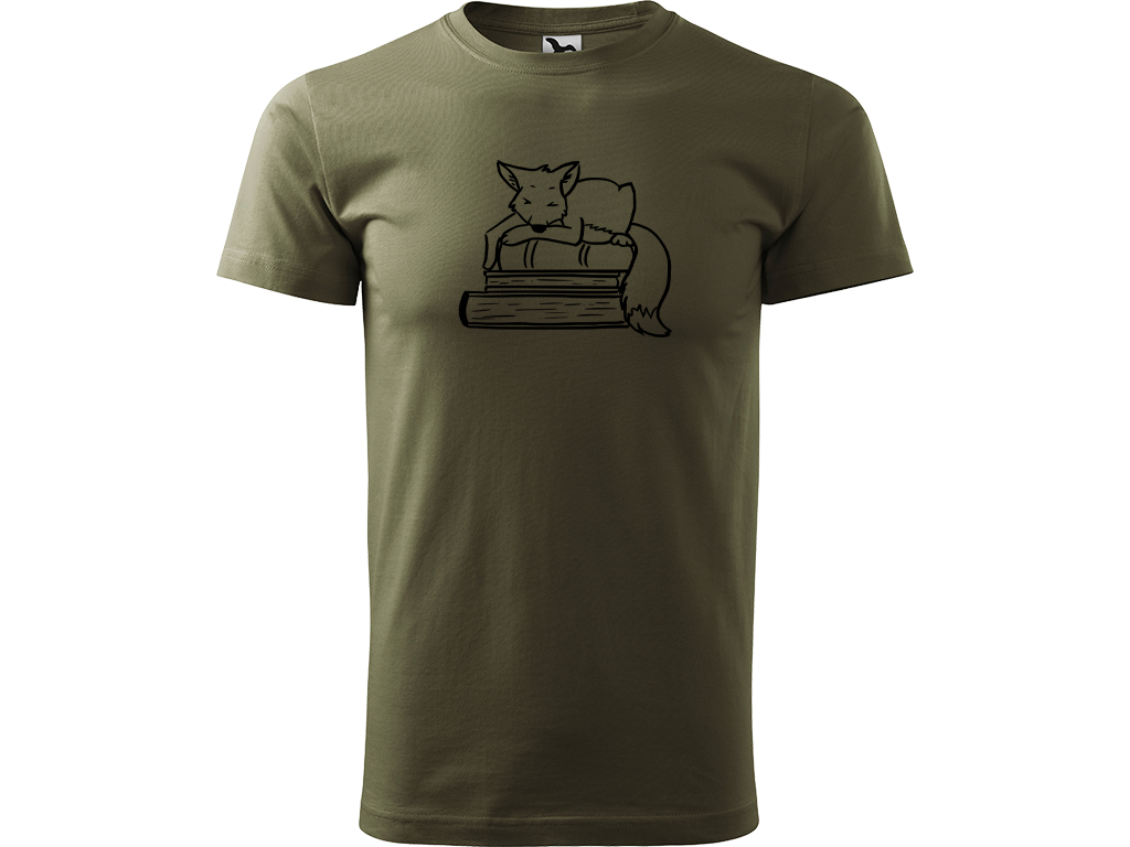 Ručně malované pánské bavlněné tričko - Liška na Knihách Barva trička: ARMY, Velikost trička: S, Barva motivu: ČERNÁ