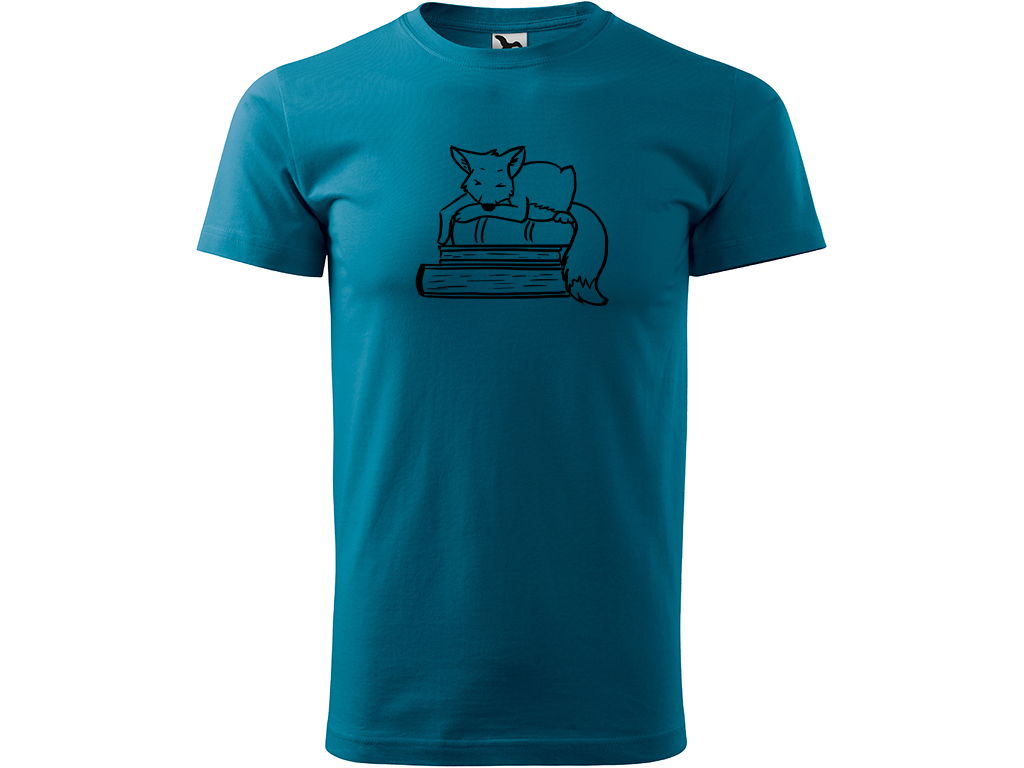 Ručně malované pánské bavlněné tričko - Liška na Knihách Barva trička: PETROLEJOVÁ, Velikost trička: XXL, Barva motivu: ČERNÁ