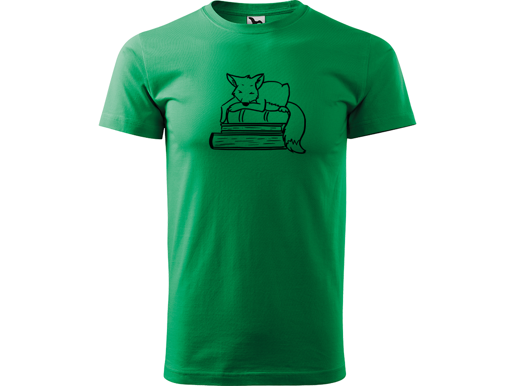 Ručně malované pánské bavlněné tričko - Liška na Knihách Barva trička: STŘEDNĚ ZELENÁ, Velikost trička: M, Barva motivu: ČERNÁ