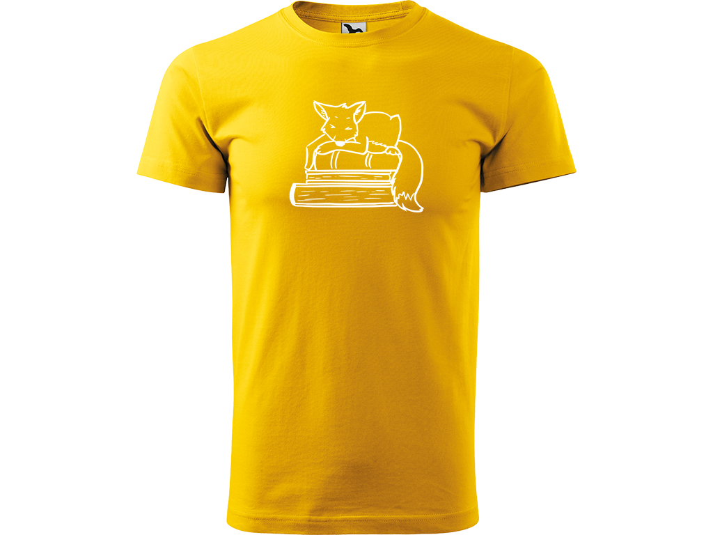 Ručně malované pánské bavlněné tričko - Liška na Knihách Barva trička: ŽLUTÁ, Velikost trička: XXL, Barva motivu: BÍLÁ
