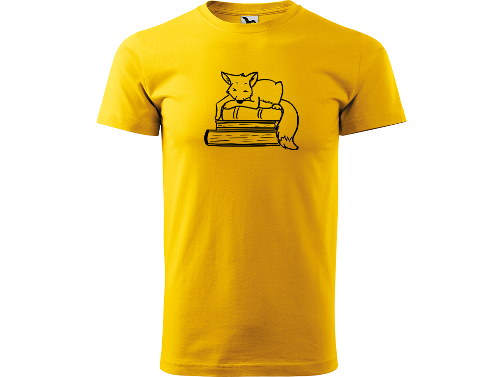 Ručně malované pánské bavlněné tričko - Liška na Knihách Barva trička: ŽLUTÁ, Velikost trička: XS, Barva motivu: ČERNÁ