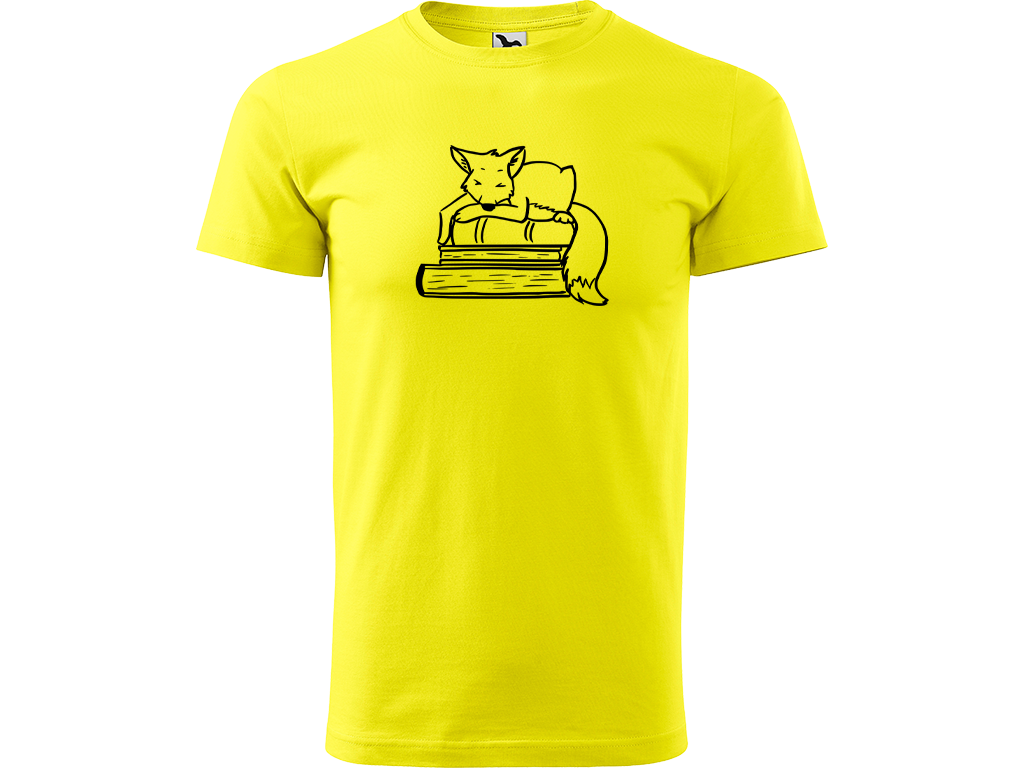 Ručně malované pánské bavlněné tričko - Liška na Knihách Barva trička: CITRONOVÁ, Velikost trička: XL, Barva motivu: ČERNÁ