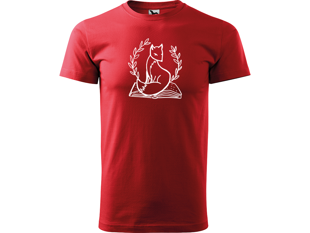 Ručně malované pánské bavlněné tričko - Liška na Knize Barva trička: ČERVENÁ, Velikost trička: XL, Barva motivu: BÍLÁ