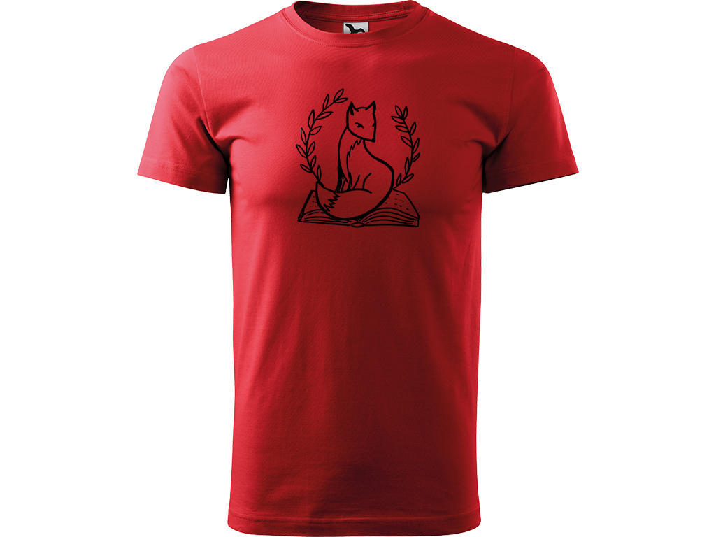 Ručně malované pánské bavlněné tričko - Liška na Knize Barva trička: ČERVENÁ, Velikost trička: L, Barva motivu: ČERNÁ
