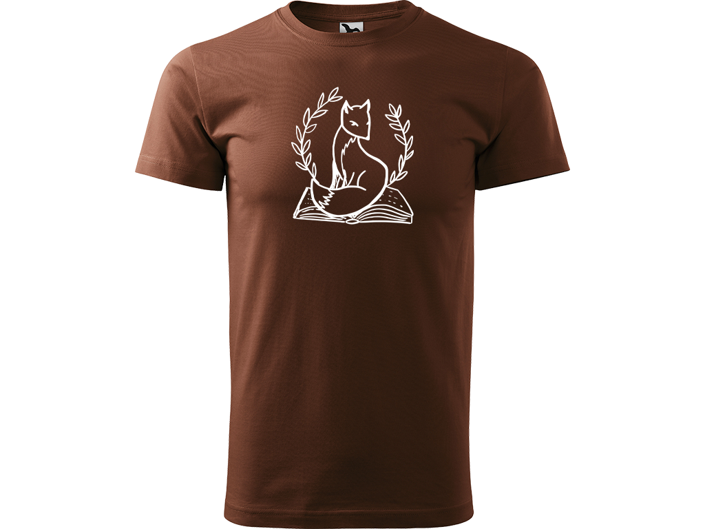 Ručně malované pánské bavlněné tričko - Liška na Knize Barva trička: ČOKOLÁDOVÁ, Velikost trička: M, Barva motivu: BÍLÁ