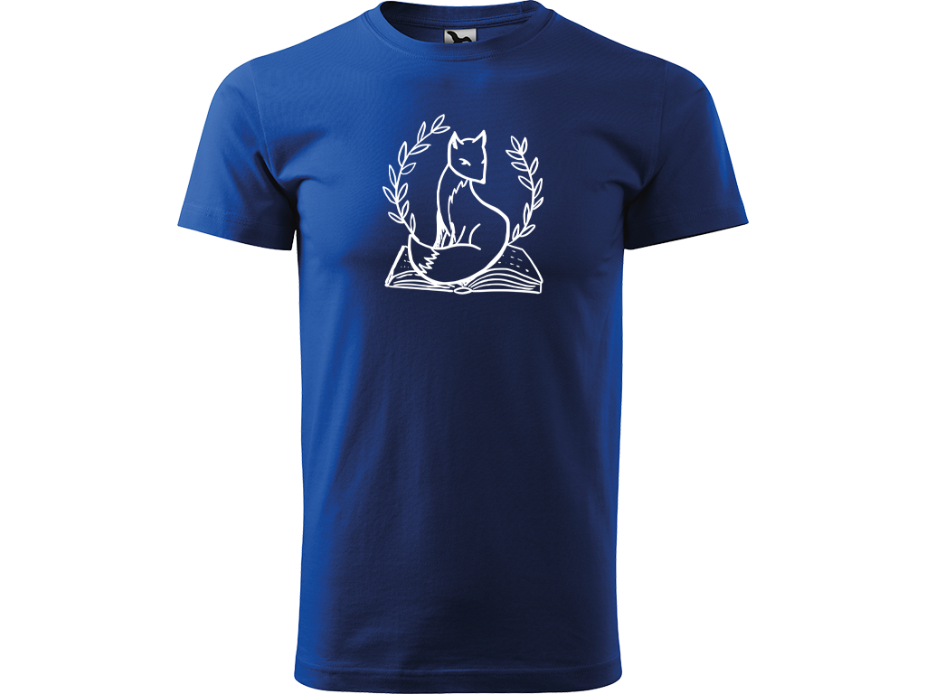 Ručně malované pánské bavlněné tričko - Liška na Knize Barva trička: MODRÁ, Velikost trička: S, Barva motivu: BÍLÁ