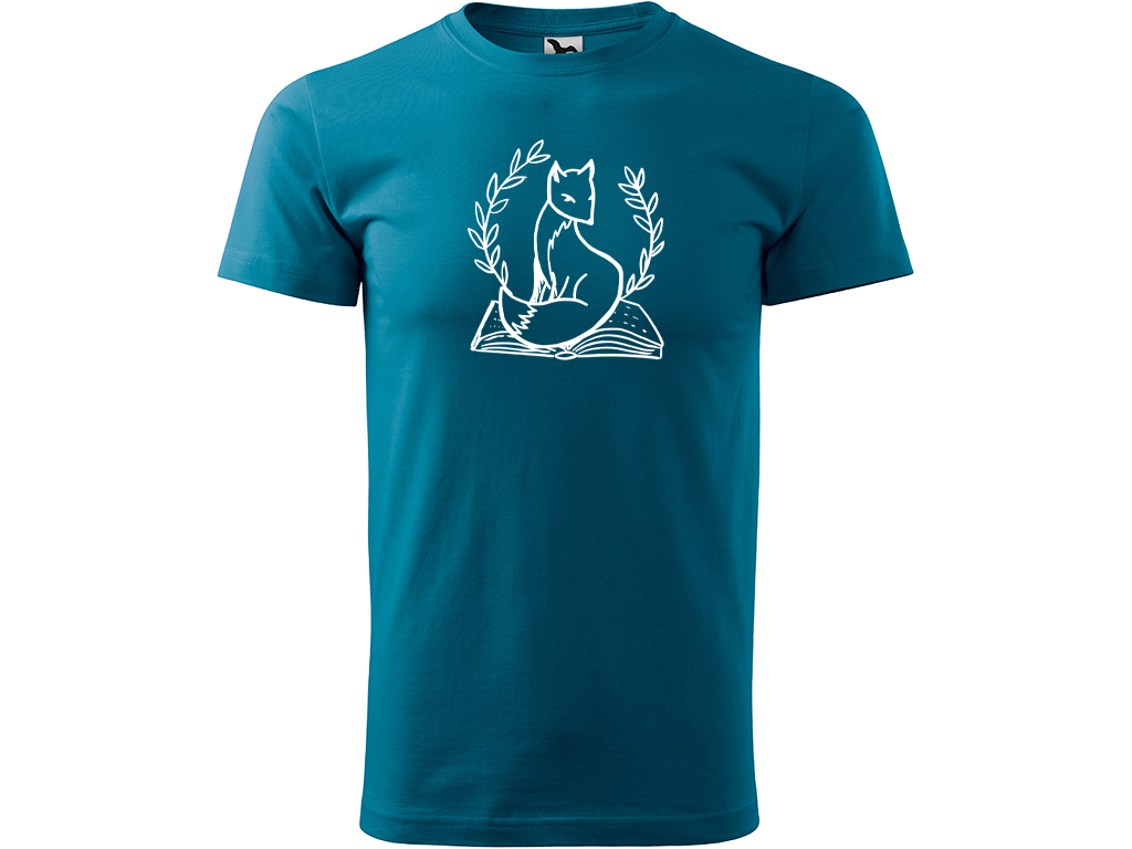 Ručně malované pánské bavlněné tričko - Liška na Knize Barva trička: PETROLEJOVÁ, Velikost trička: M, Barva motivu: BÍLÁ