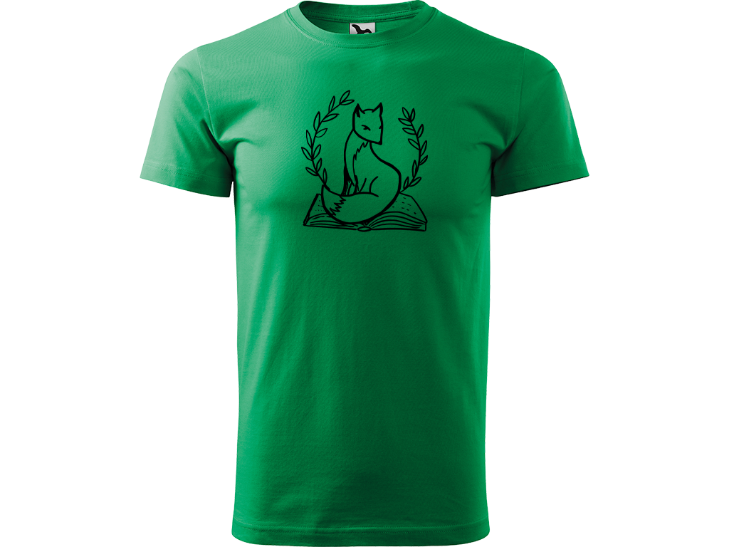 Ručně malované pánské bavlněné tričko - Liška na Knize Barva trička: STŘEDNĚ ZELENÁ, Velikost trička: XL, Barva motivu: ČERNÁ