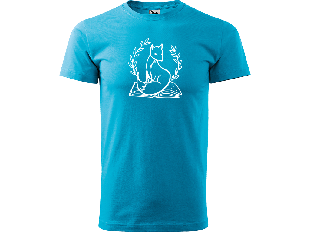 Ručně malované pánské bavlněné tričko - Liška na Knize Barva trička: TYRKYSOVÁ, Velikost trička: S, Barva motivu: BÍLÁ