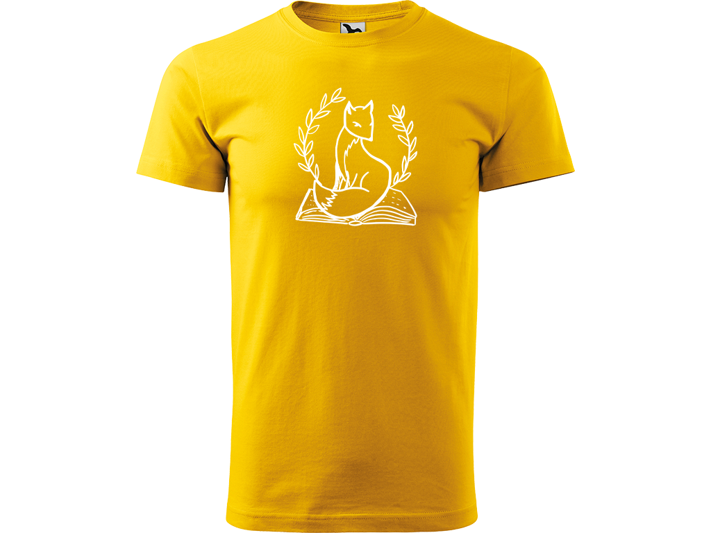 Ručně malované pánské bavlněné tričko - Liška na Knize Barva trička: ŽLUTÁ, Velikost trička: XXL, Barva motivu: BÍLÁ