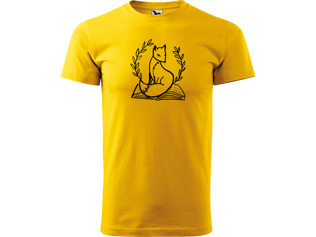 Ručně malované pánské bavlněné tričko - Liška na Knize Barva trička: ŽLUTÁ, Velikost trička: M, Barva motivu: ČERNÁ