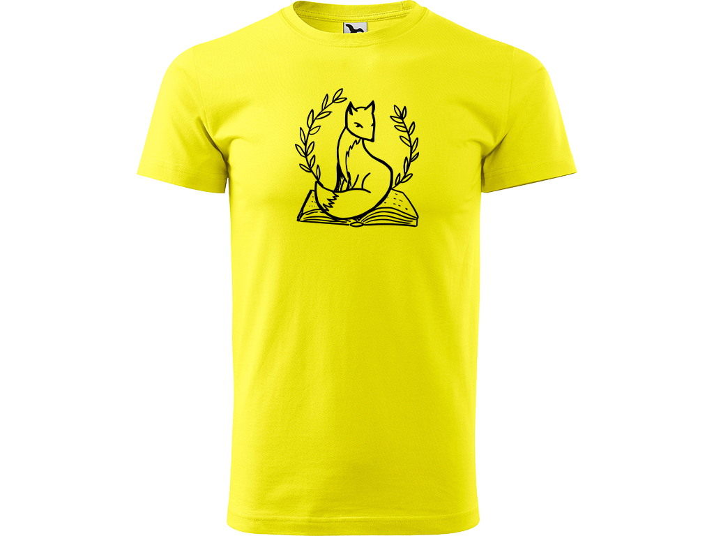 Ručně malované pánské bavlněné tričko - Liška na Knize Barva trička: CITRONOVÁ, Velikost trička: XL, Barva motivu: ČERNÁ