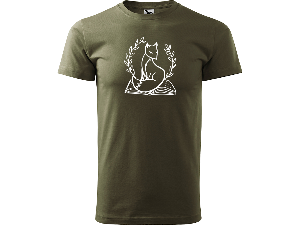 Ručně malované pánské bavlněné tričko - Liška na Knize Barva trička: ARMY, Velikost trička: S, Barva motivu: BÍLÁ