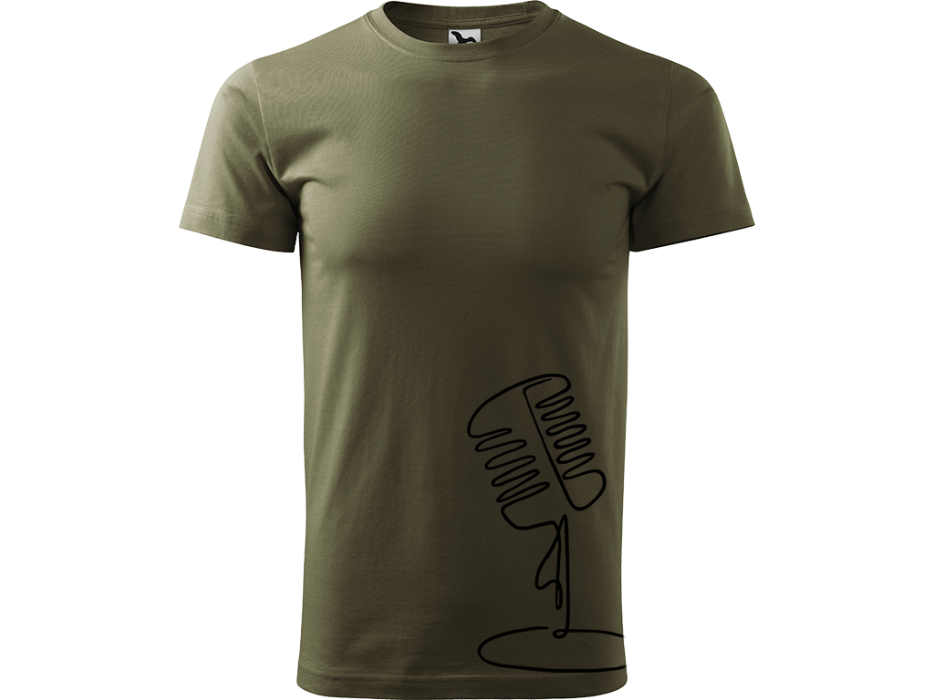 Ručně malované pánské bavlněné tričko - Jednotahový Retro Mikrofon - 2 Barva trička: ARMY, Velikost trička: XL, Barva motivu: ČERNÁ